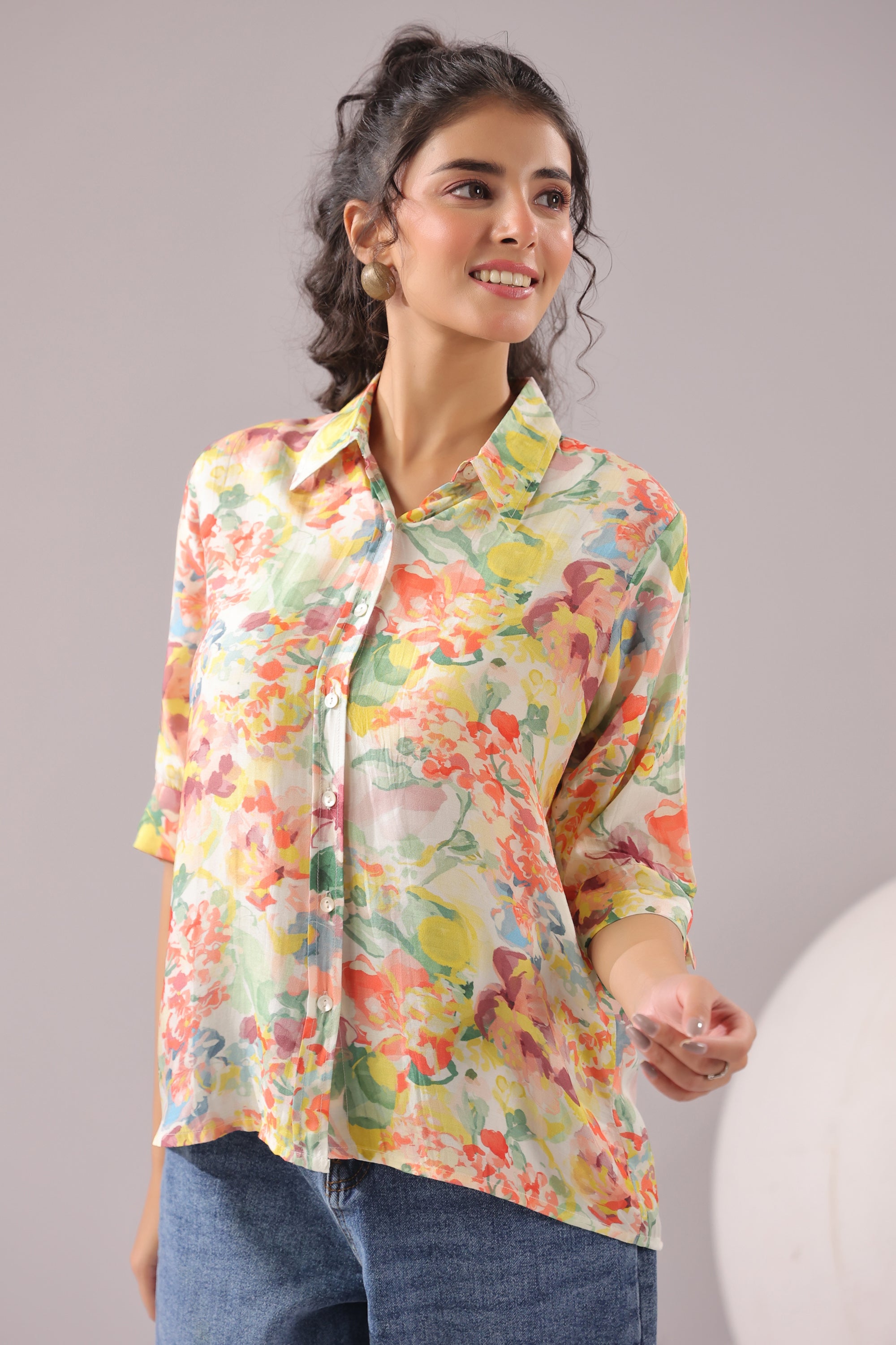 Sunlit Petal Printed Muslin Silk Shirt