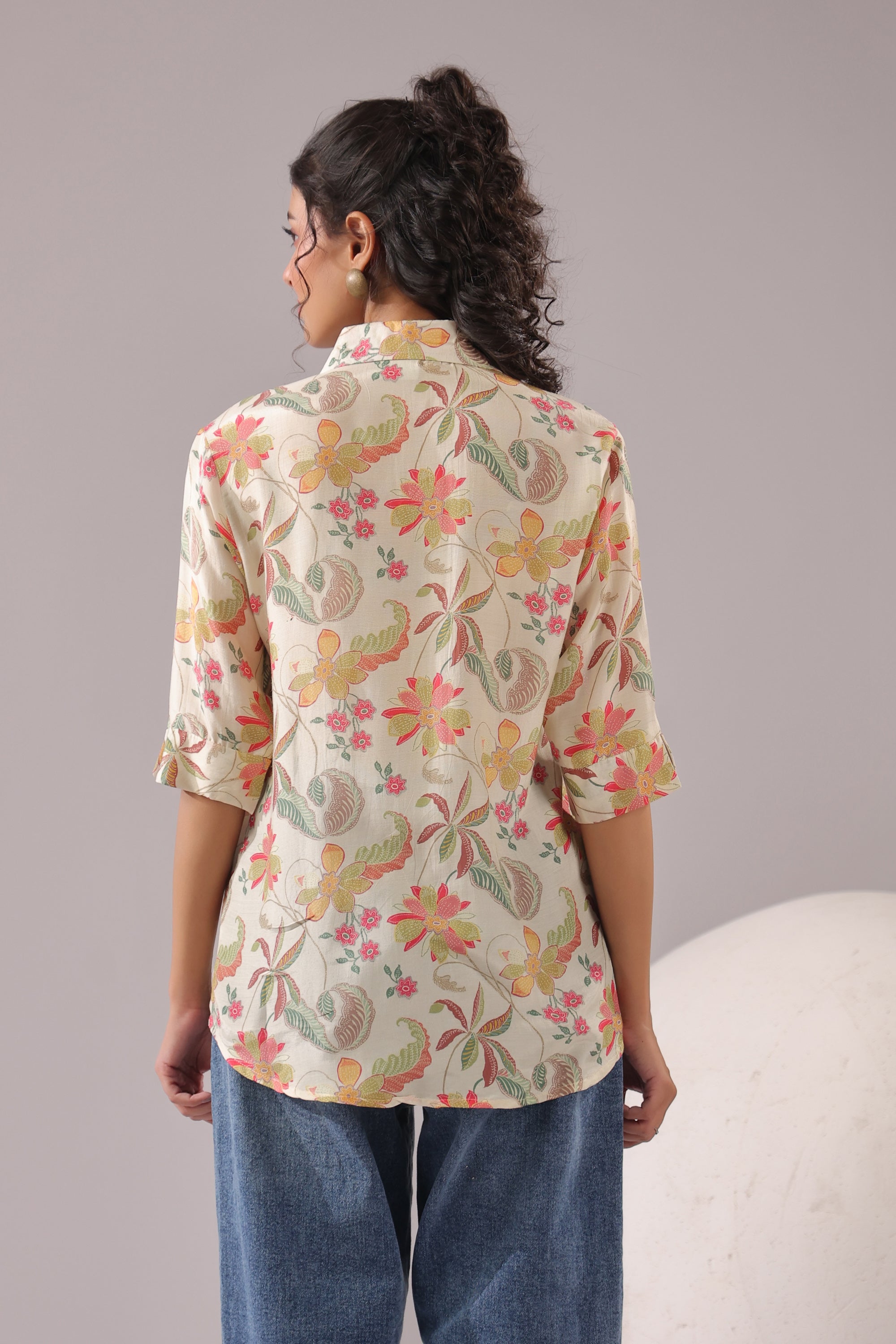 Ivory Blossom Printed Muslin Silk Shirt