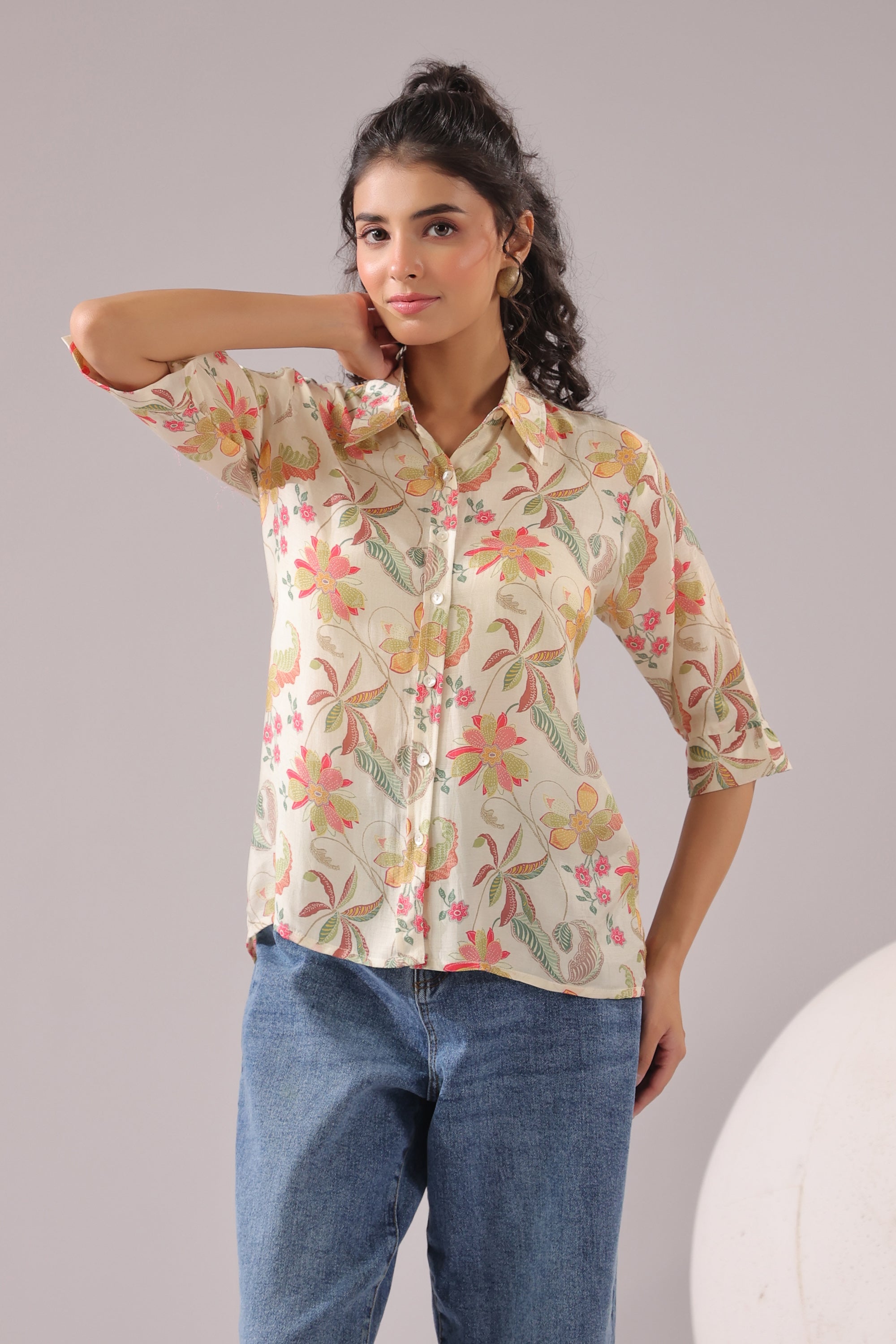 Ivory Blossom Printed Muslin Silk Shirt
