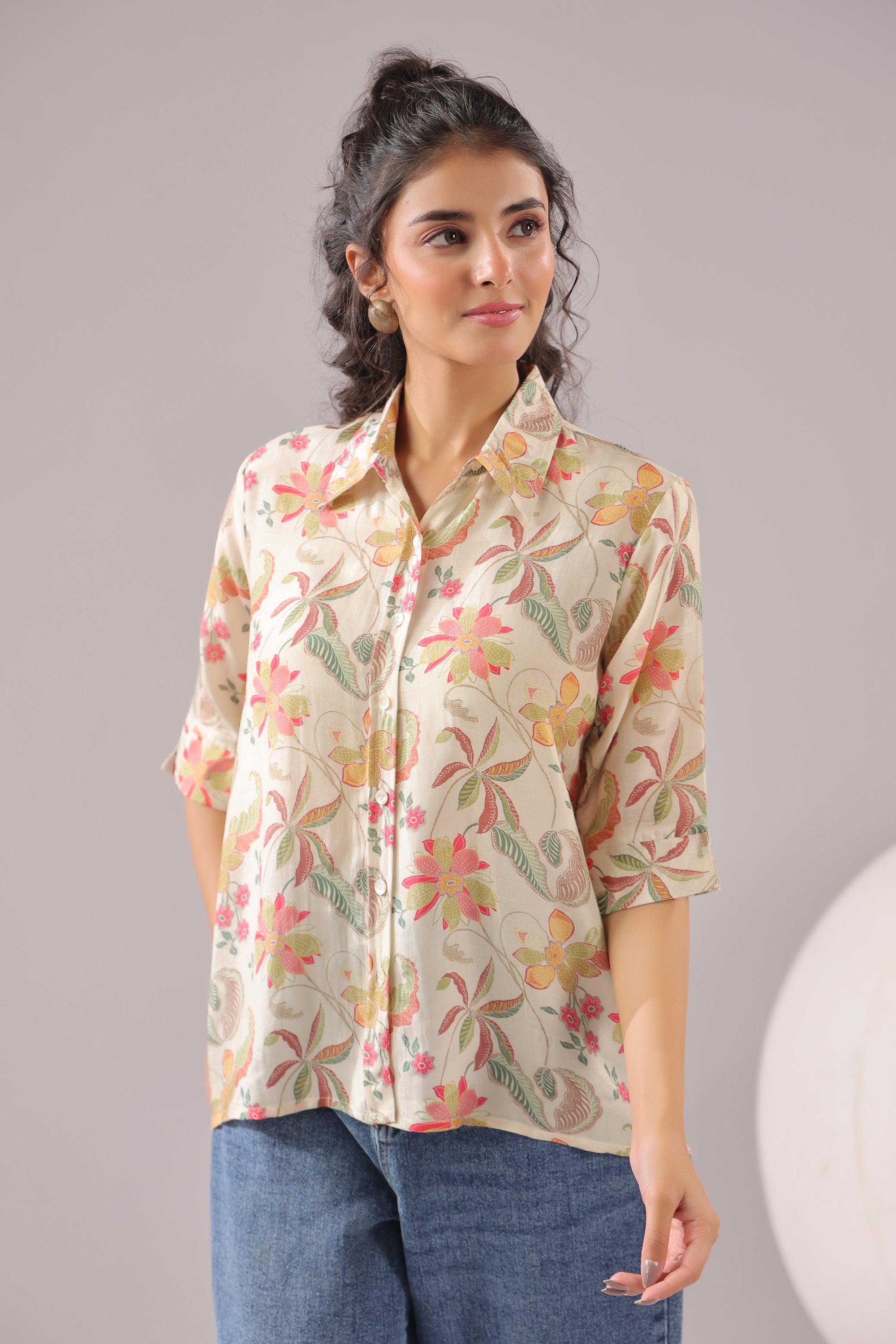 Ivory Blossom Printed Muslin Silk Shirt