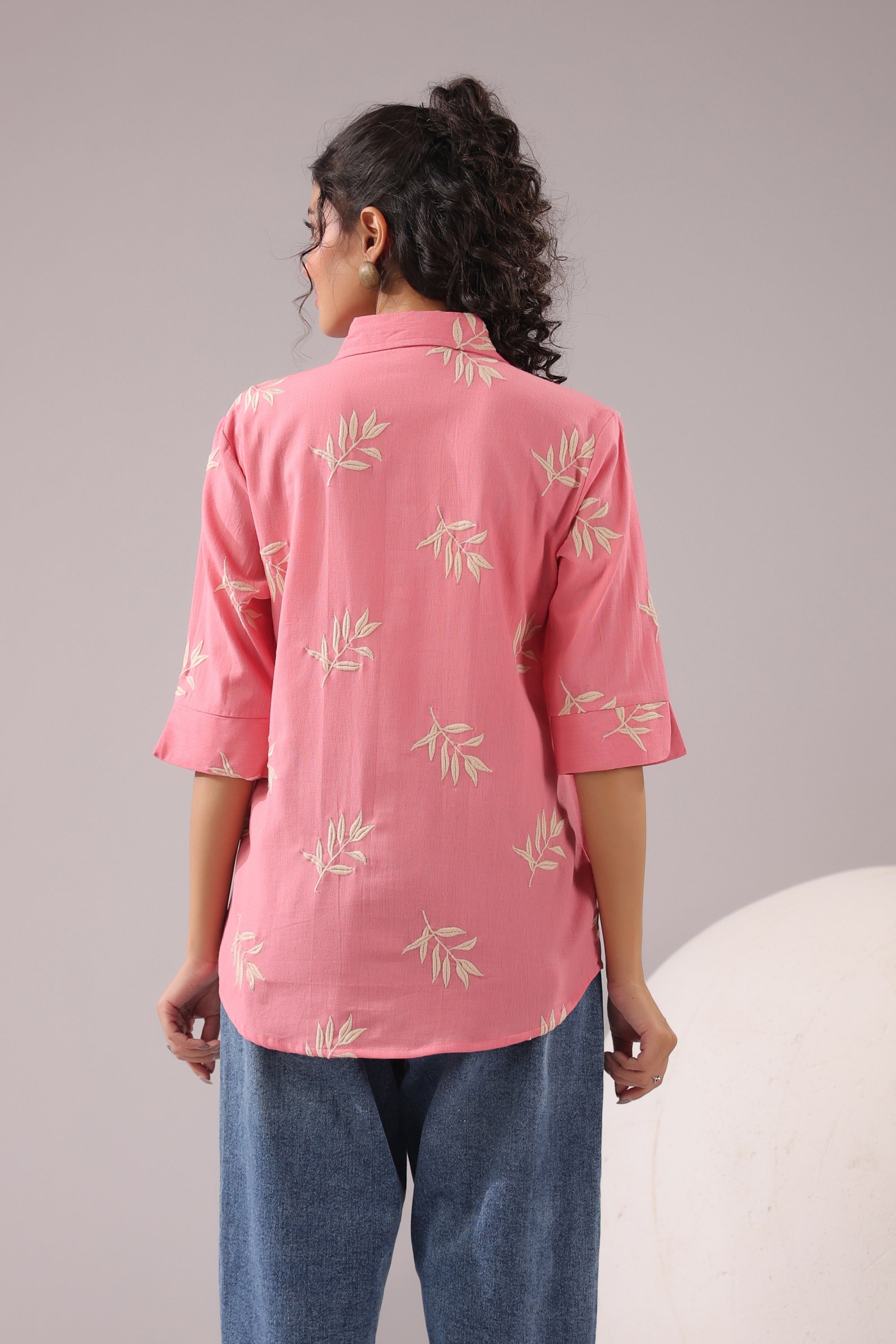 Coral Leaf Embroidered Cotton Flex Shirt