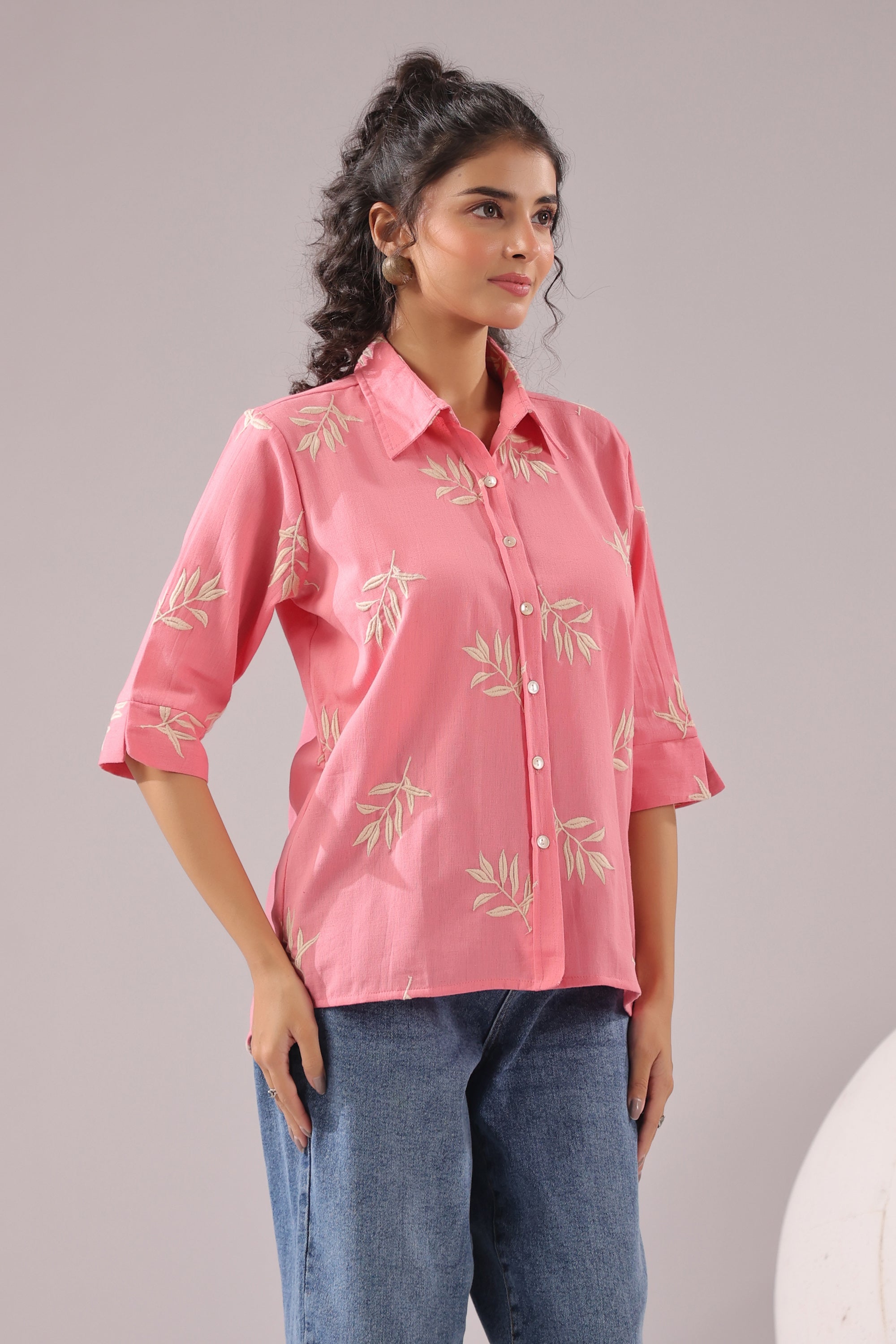 Coral Leaf Embroidered Cotton Flex Shirt