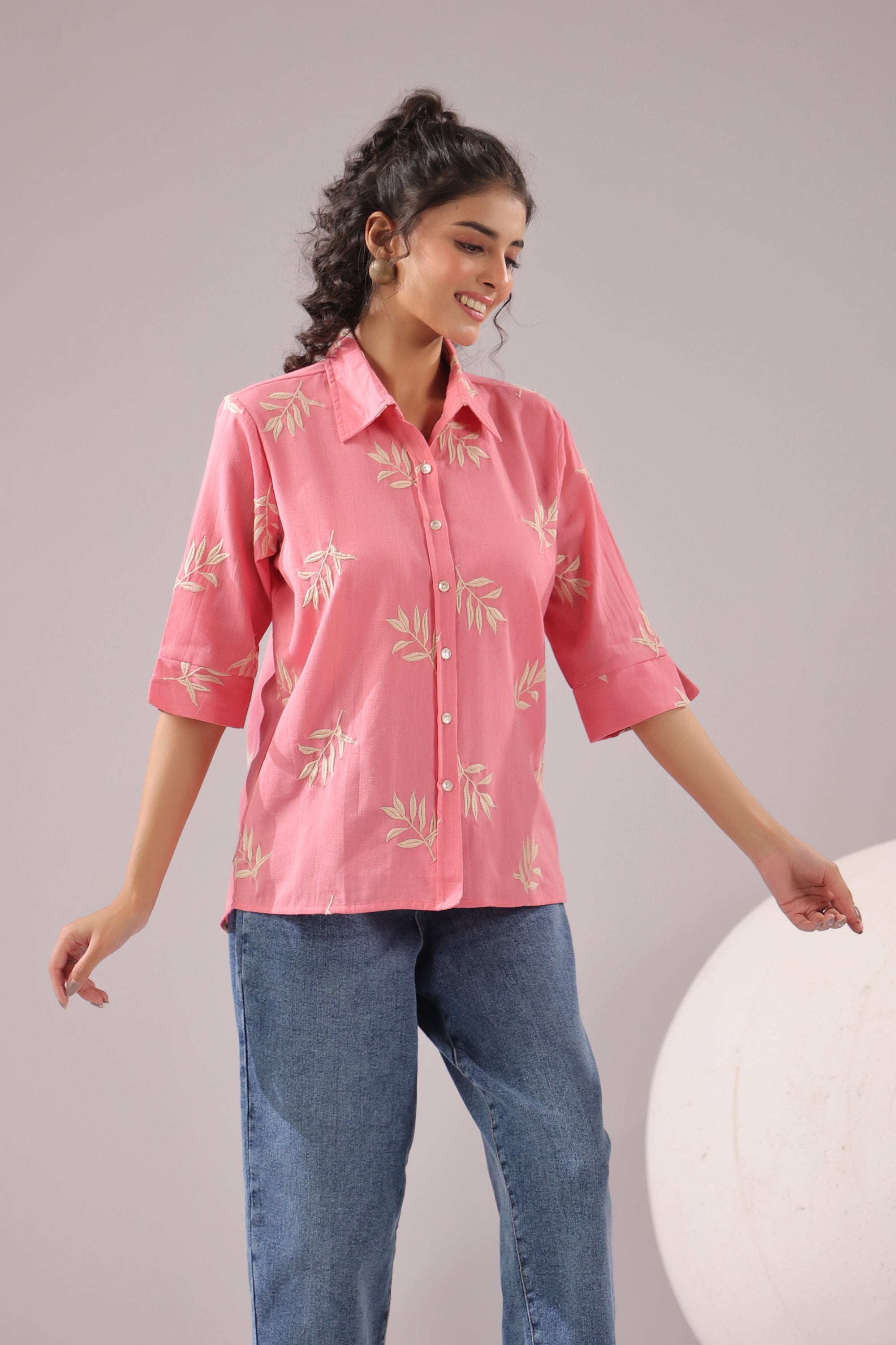 Coral Leaf Embroidered Cotton Flex Shirt