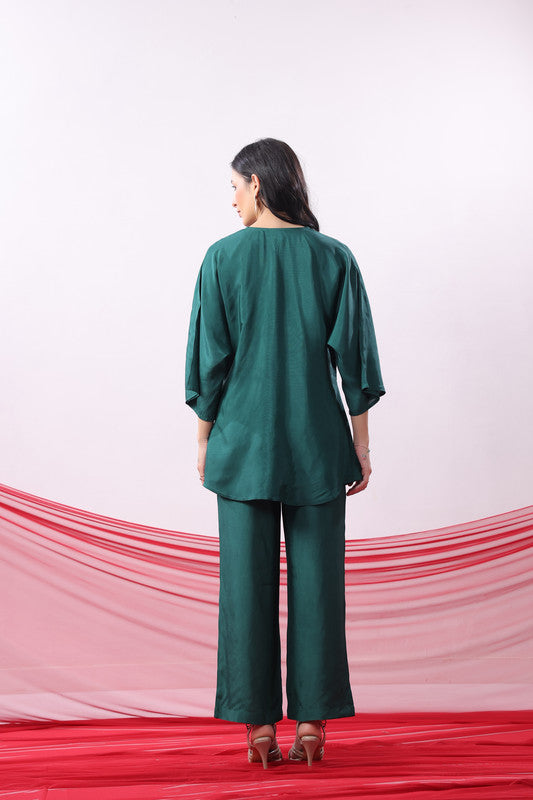 Emerald Green Solid Twist Front Elegant Co-ord Set