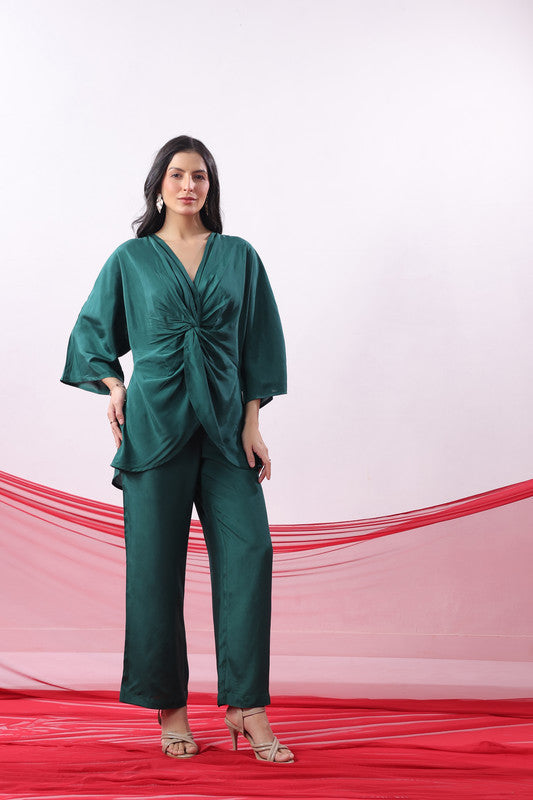 Emerald Green Solid Twist Front Elegant Co-ord Set