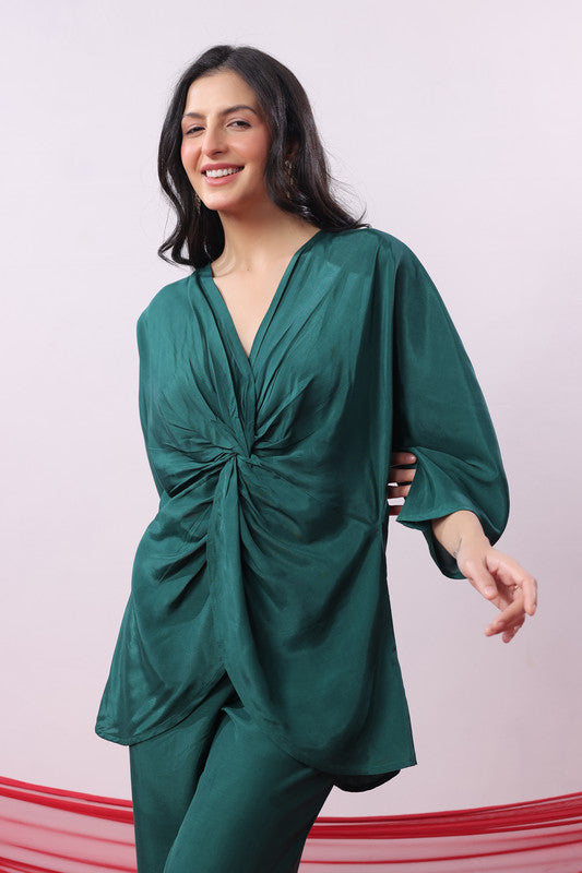 Emerald Green Solid Twist Front Elegant Co-ord Set
