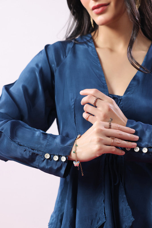 Navy Blue Solid Lace-Up Front Co-Ord Set