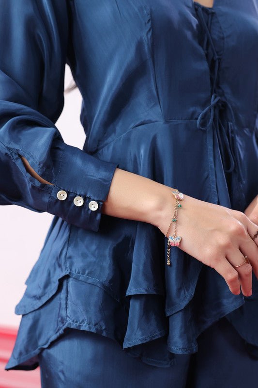 Navy Blue Solid Lace-Up Front Co-Ord Set