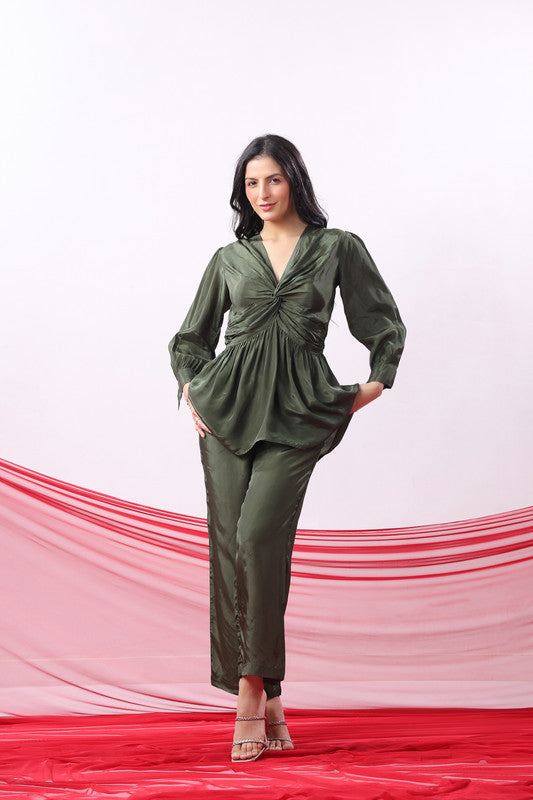 Olive Green Solid Twist Front Knot Co-Ord Set