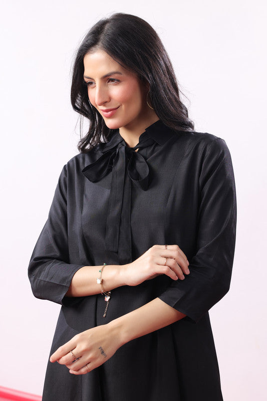 Black Solid Bow Neck Straight Co-Ord Set