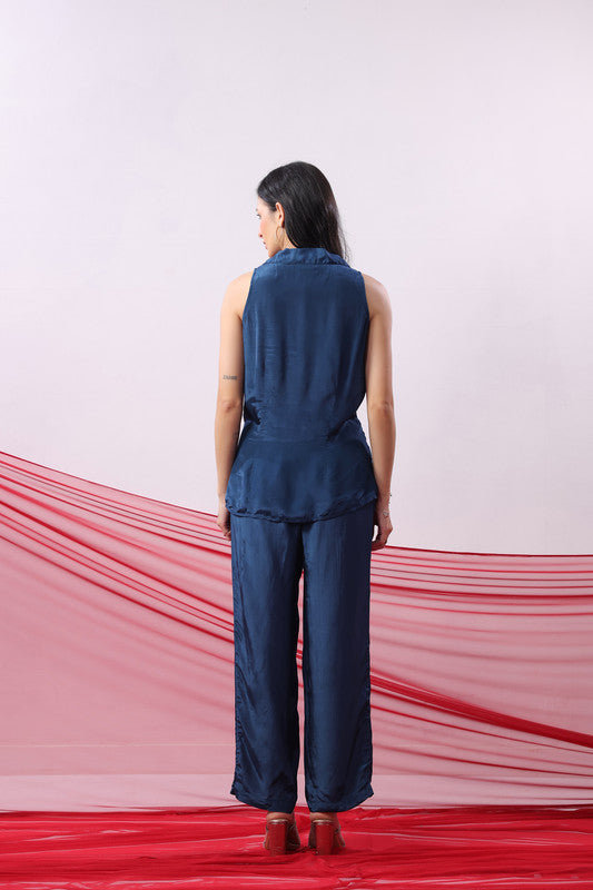 Navy Blue Solid Sleeveless Tie-Up Co-Ord Set