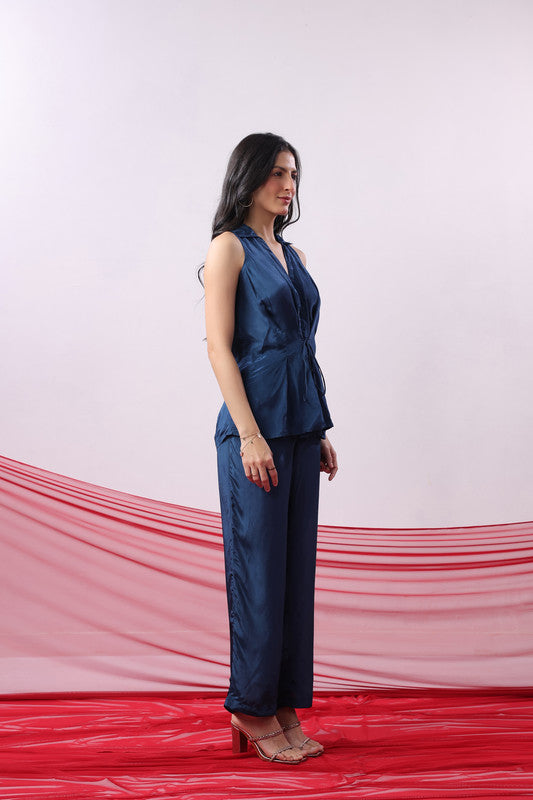 Navy Blue Solid Sleeveless Tie-Up Co-Ord Set