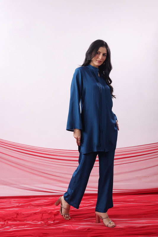 Blue Solid Pintuck Detail Co-Ord Set