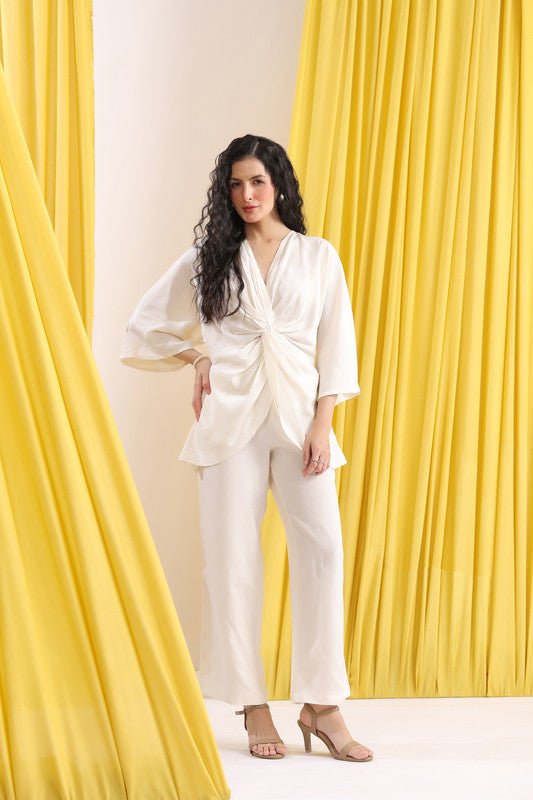 Off-White Solid Front Knot Wrap Style Co-ord Set