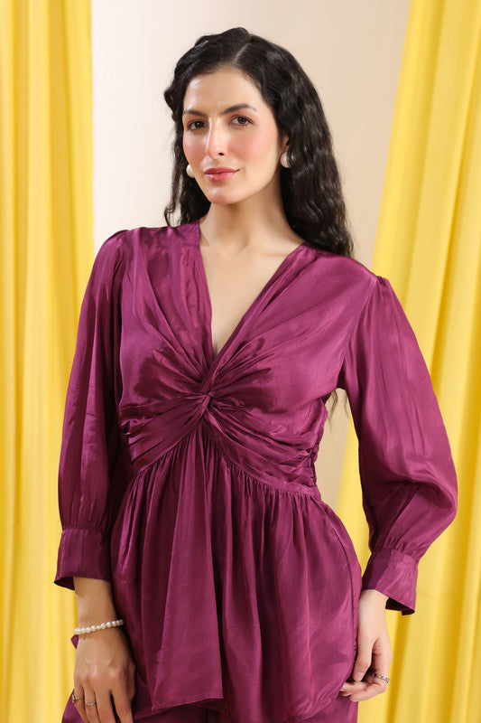 Wine Solid Ruched Front Knot Detail Co-ord Set