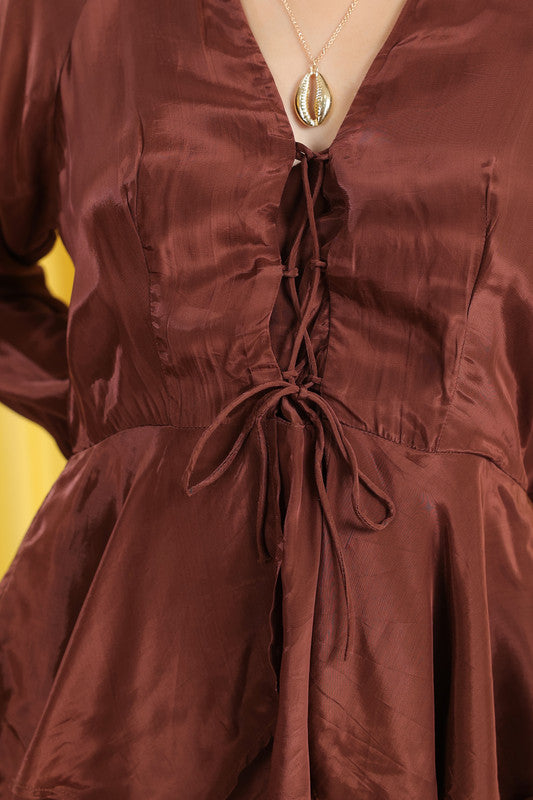 Brown Solid Layered Peplum Co-ord Set