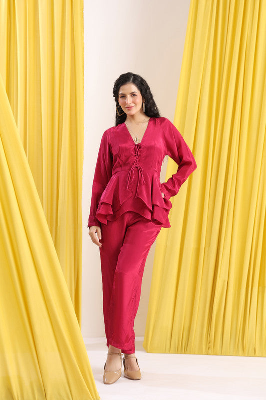 Wine Solid Layered Peplum Tie-Up Co-ord Set