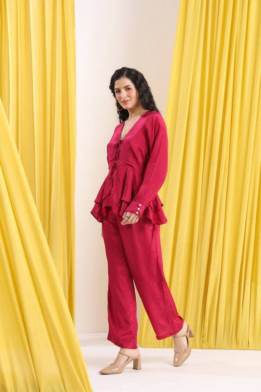 Wine Solid Layered Peplum Tie-Up Co-ord Set