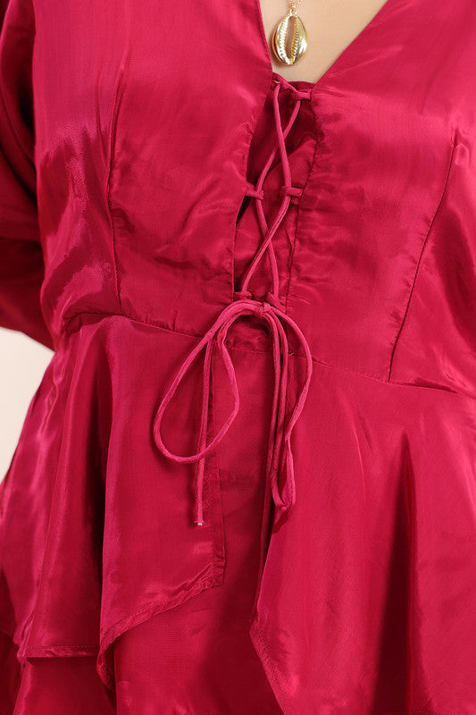 Wine Solid Layered Peplum Tie-Up Co-ord Set