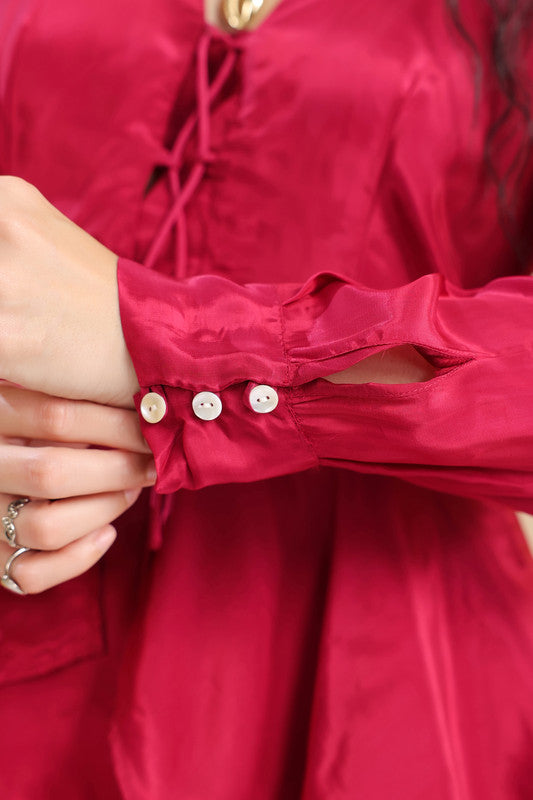 Wine Solid Layered Peplum Tie-Up Co-ord Set