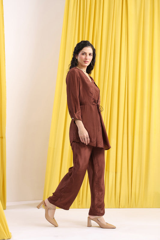 Brown Solid Wrap Minimal Casual Co-ord Set