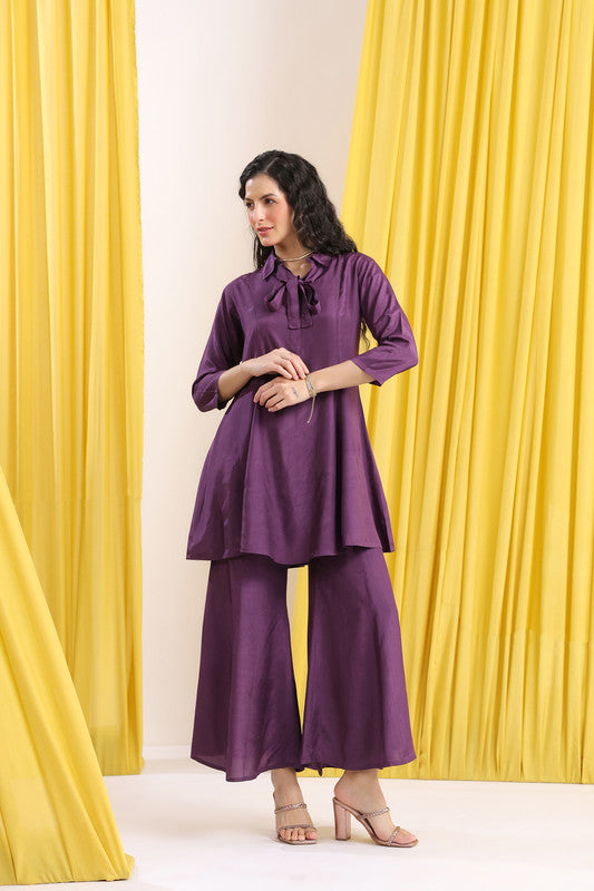Purple Solid Tie-Up Neck Co-Ord Set