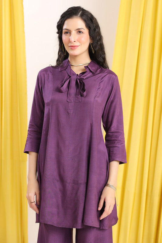 Purple Solid Tie-Up Neck Co-Ord Set
