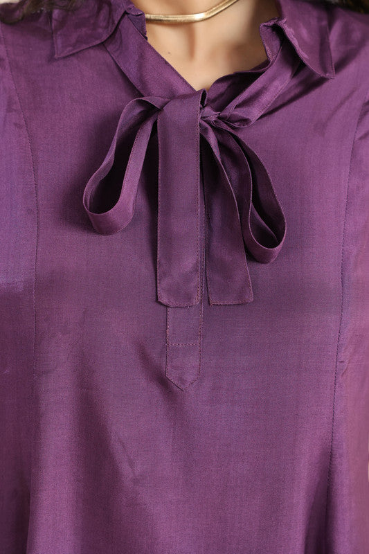 Purple Solid Tie-Up Neck Co-Ord Set