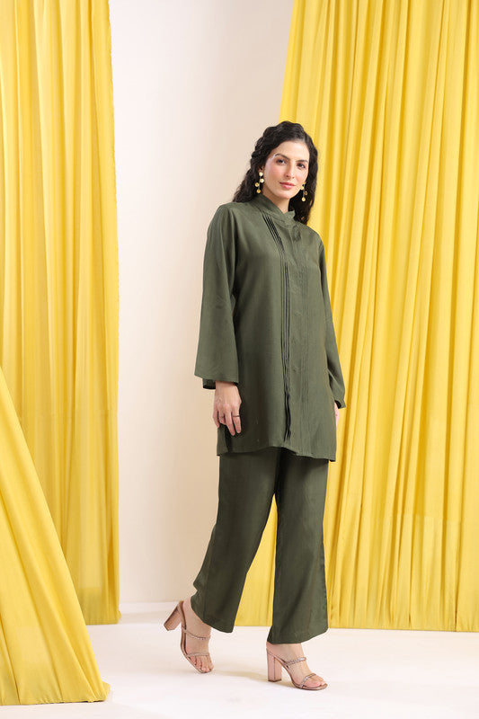 Olive Green Solid Minimal Co-ord Set