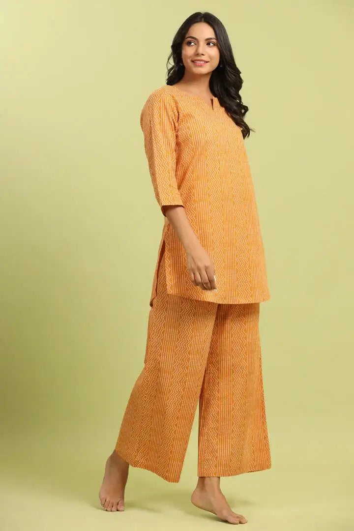 Patterned Bandhej on Cotton Mustard Palazzo Loungewear Set