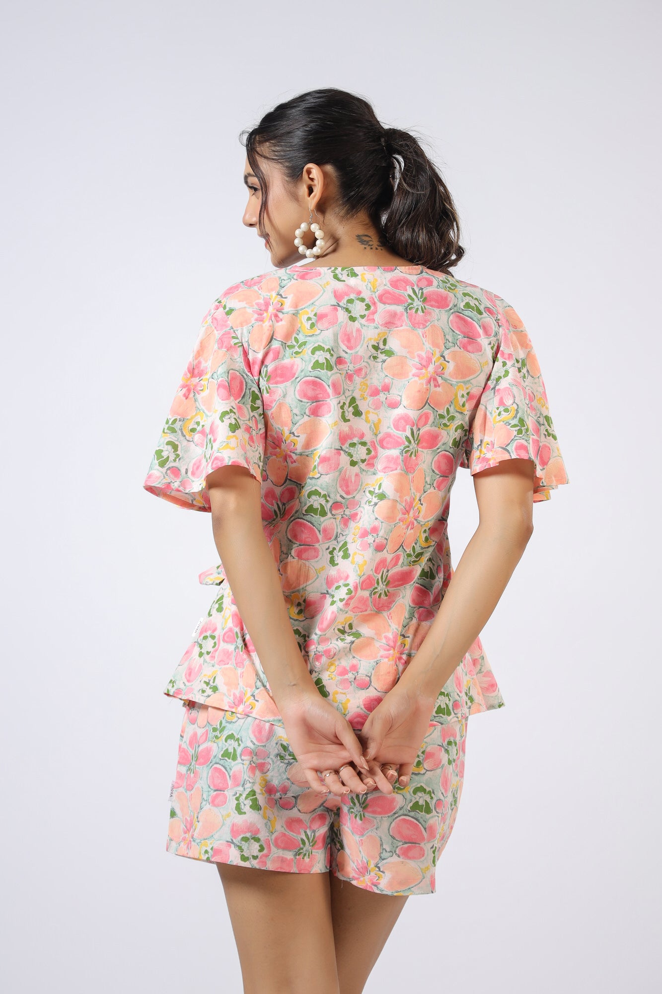 Peachy Floral Harmony Cotton Shorts Set