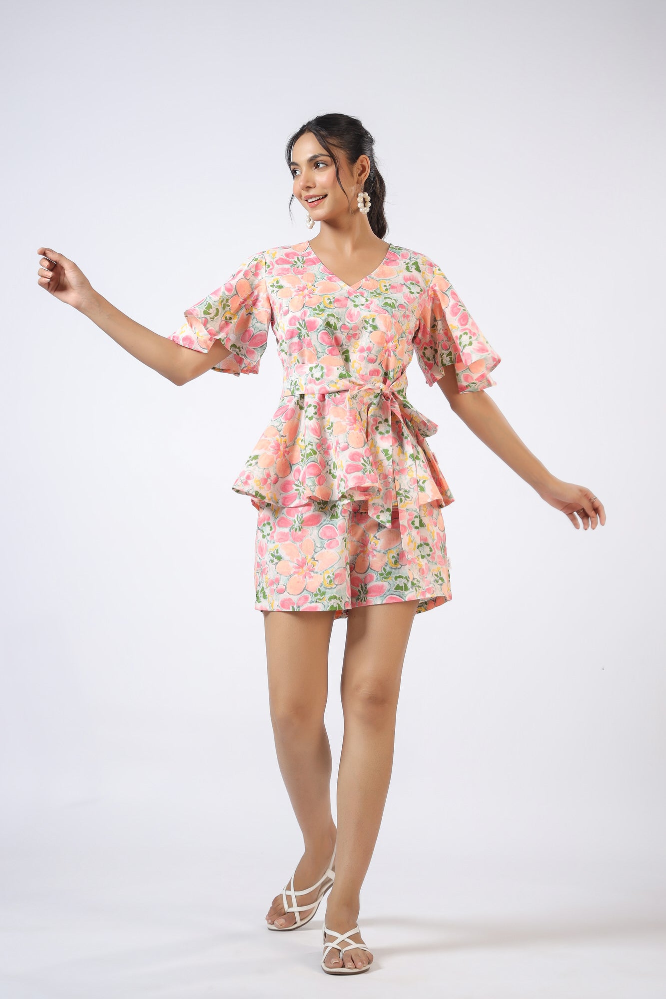Peachy Floral Harmony Cotton Shorts Set