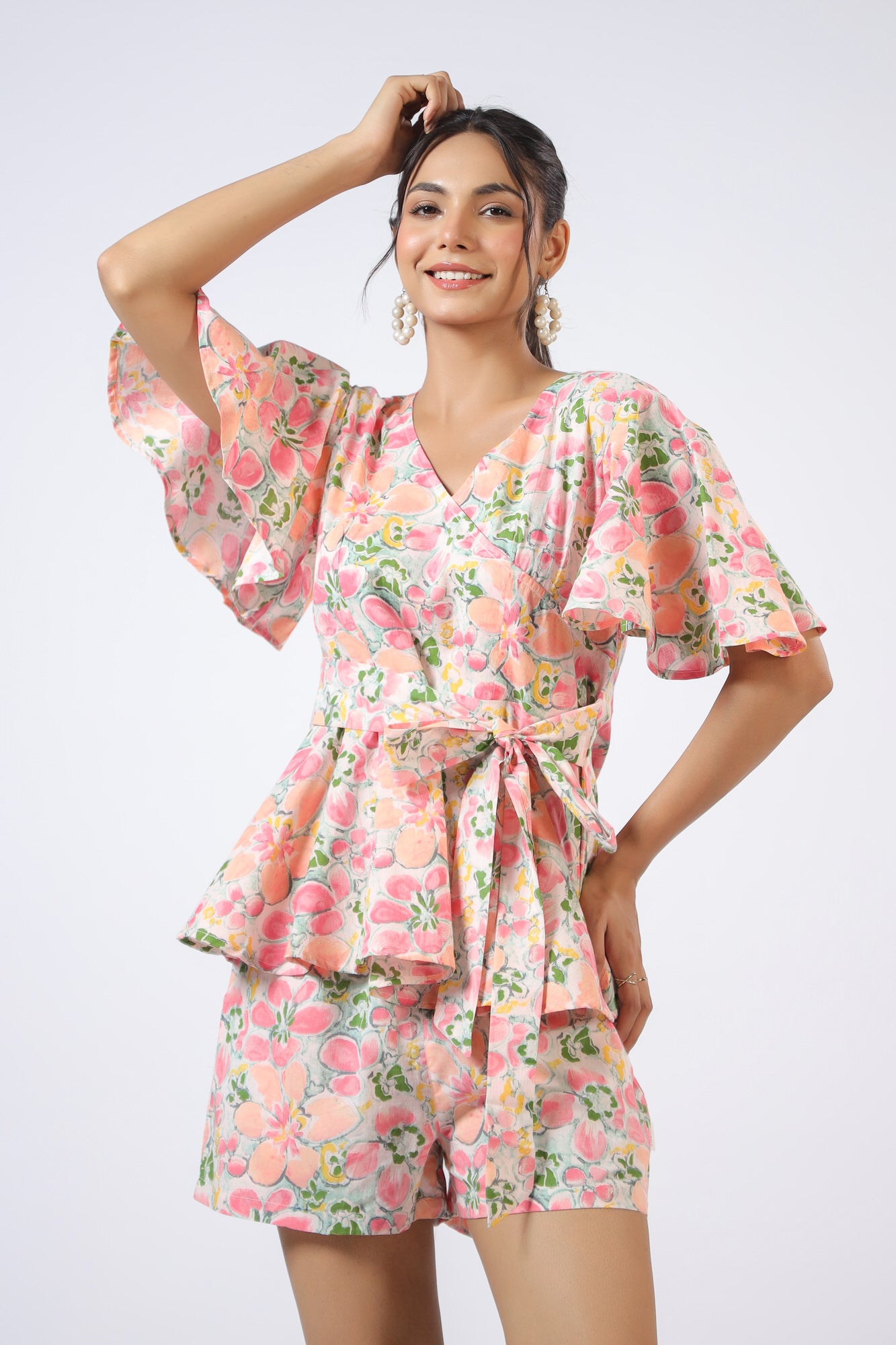 Peachy Floral Harmony Cotton Shorts Set