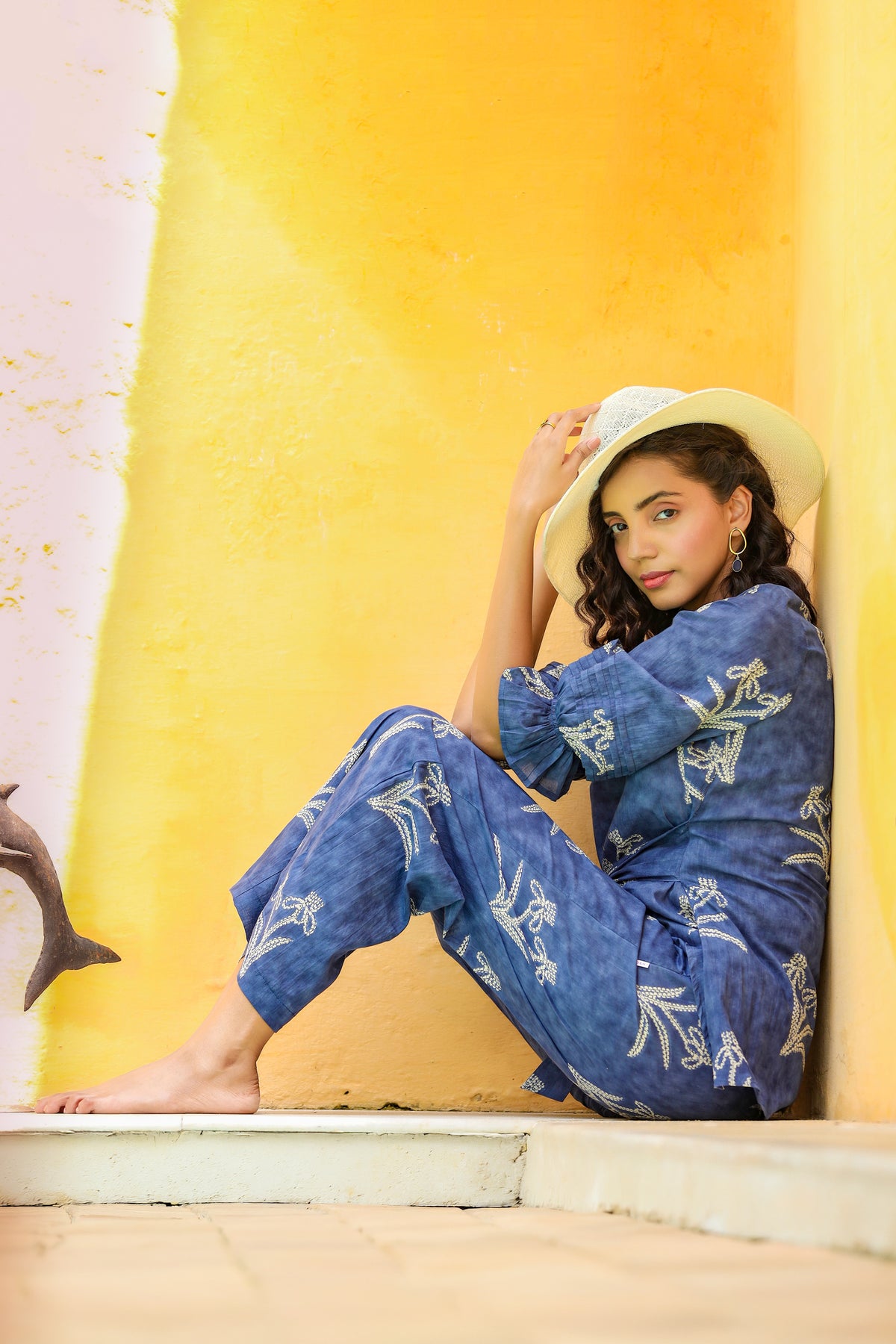 Floweret on Front Knot Blue Cotton Co-ord Set
