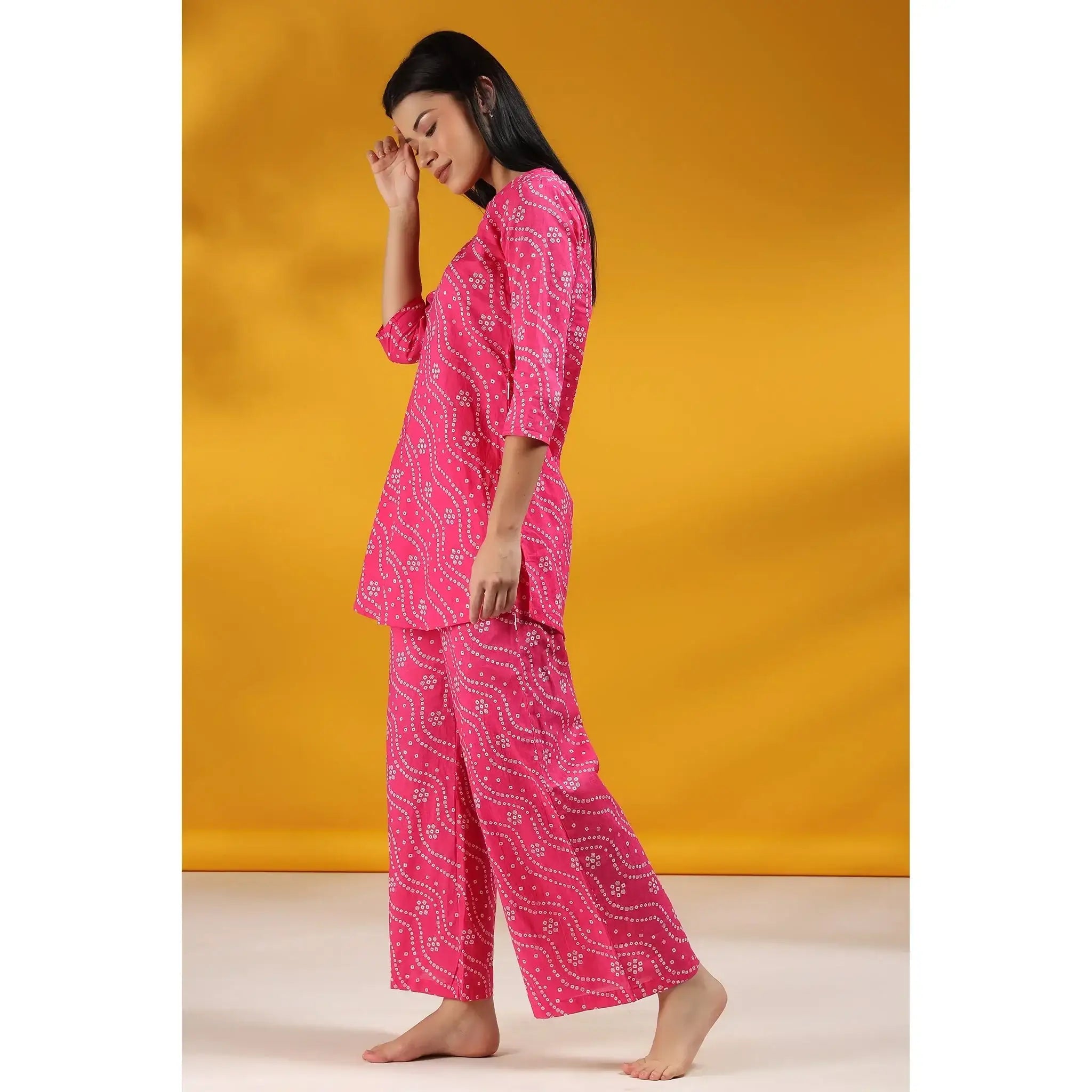 Patterned Bandhej on Pink Loungewear Top Set
