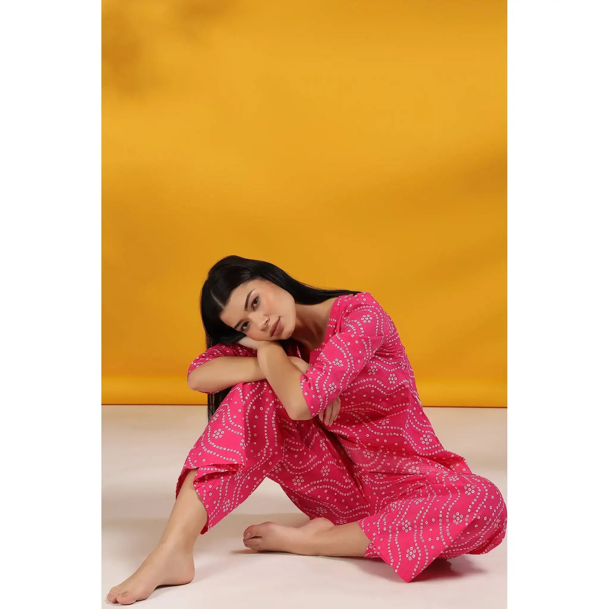 Patterned Bandhej on Pink Loungewear Top Set