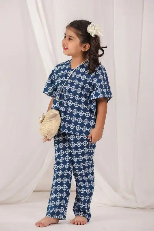Geometric Print Navy Blue Cotton Kaftan Pyjama Set