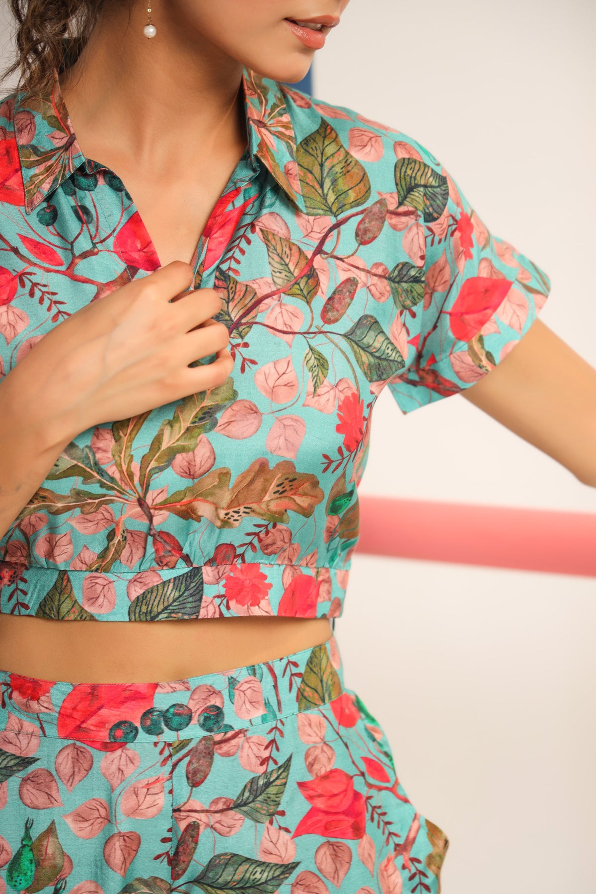 Robin Teal Muslin Silk Crop Top Set