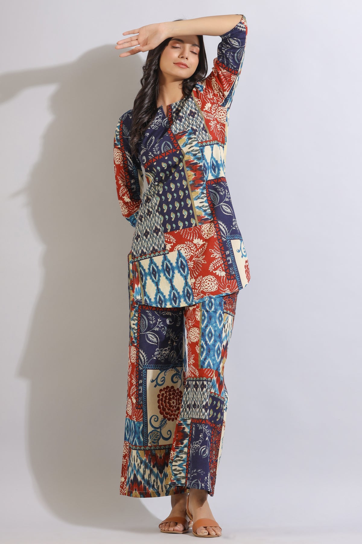 Floral Patches on Printed Cotton Palazzo Loungewear Set