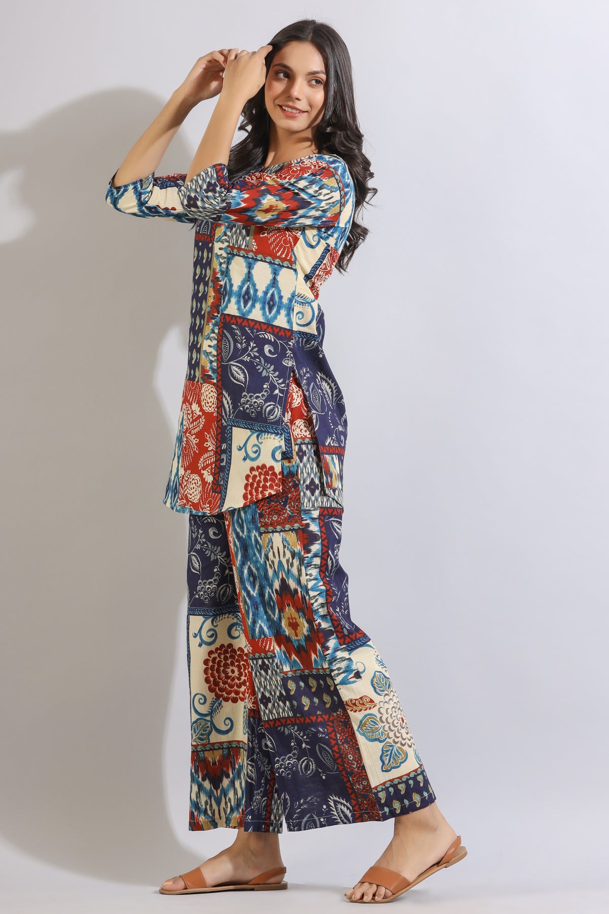 Floral Patches on Printed Cotton Palazzo Loungewear Set