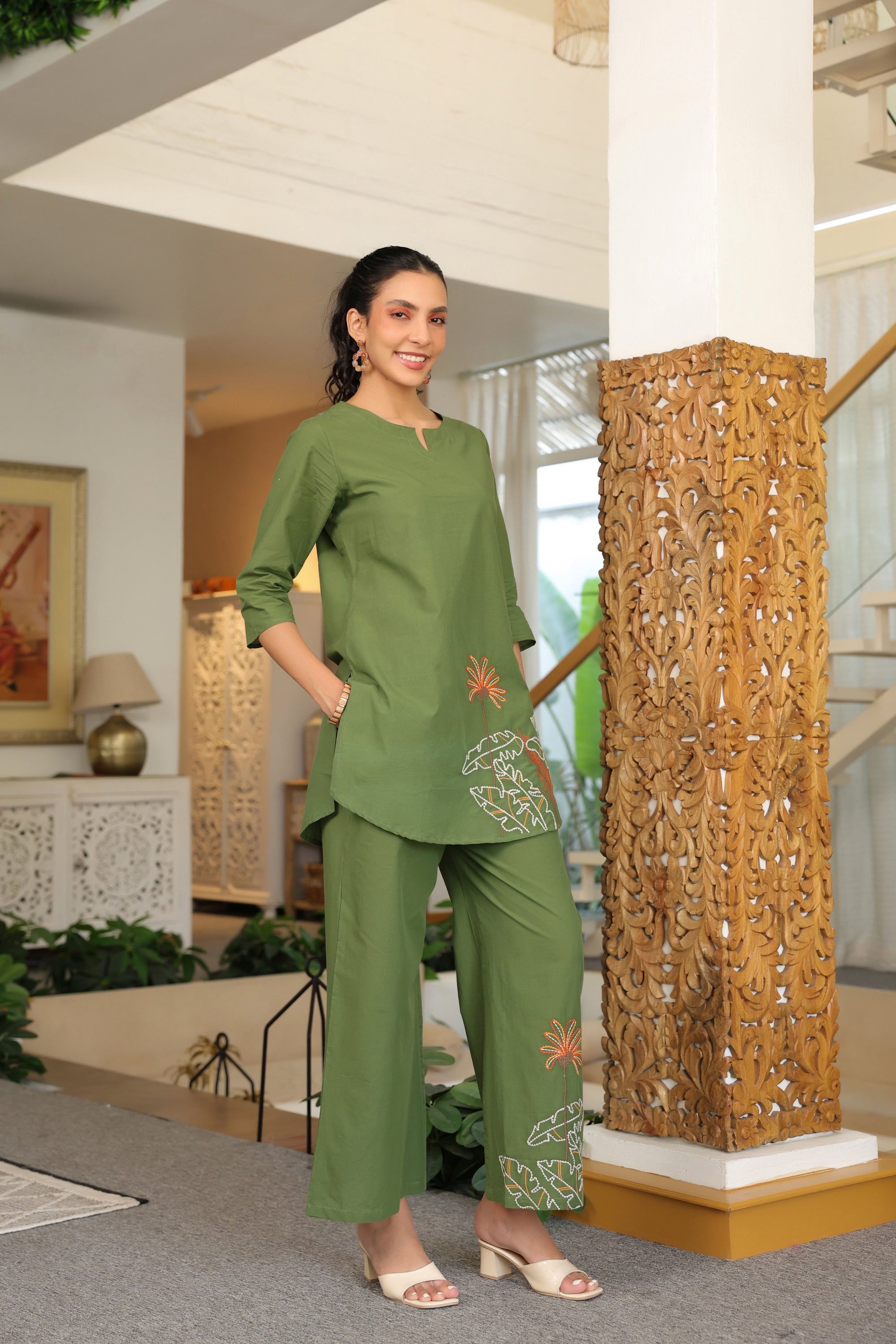 Palm Olive Embroidered Cotton Co-ord Set