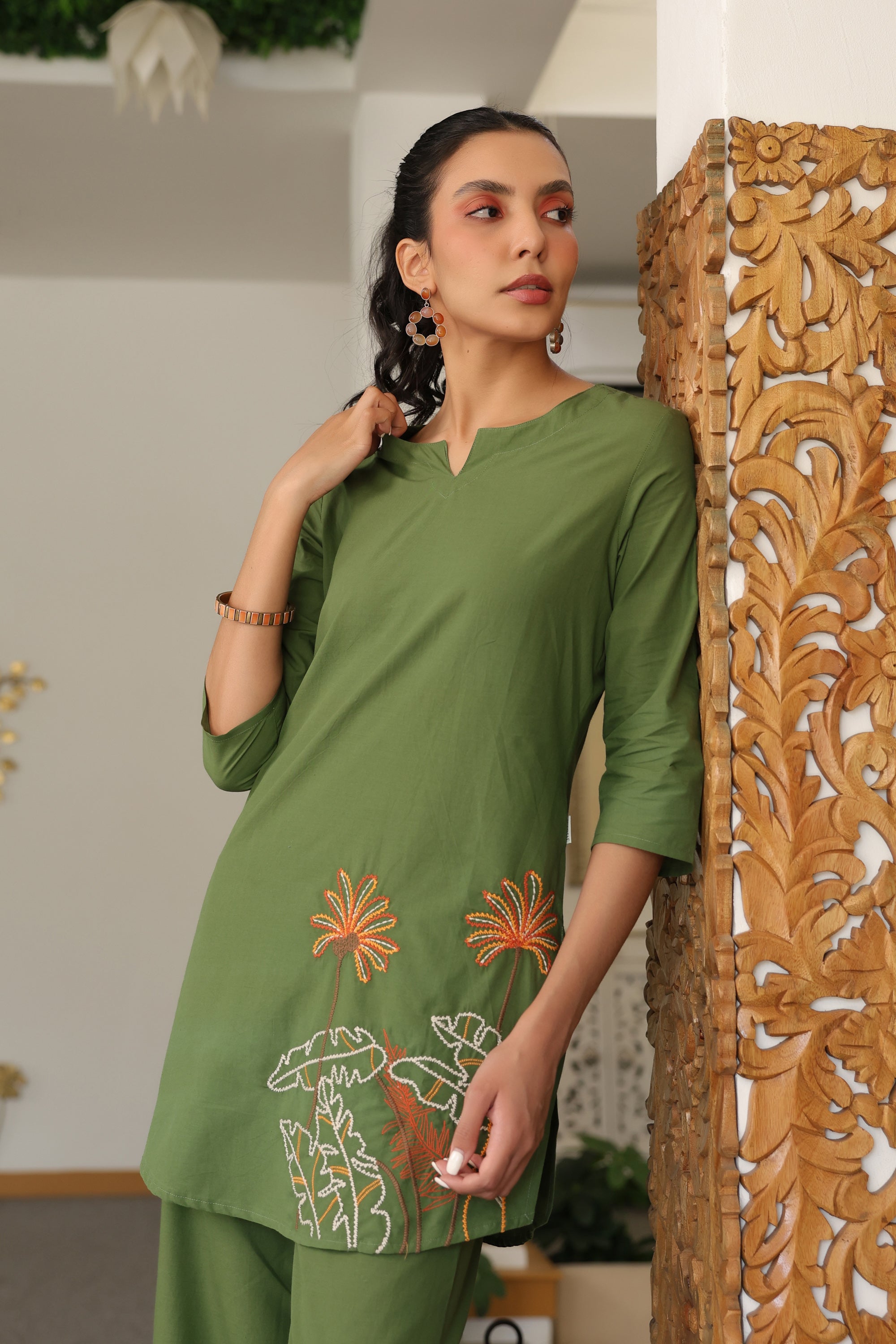 Palm Olive Embroidered Cotton Co-ord Set