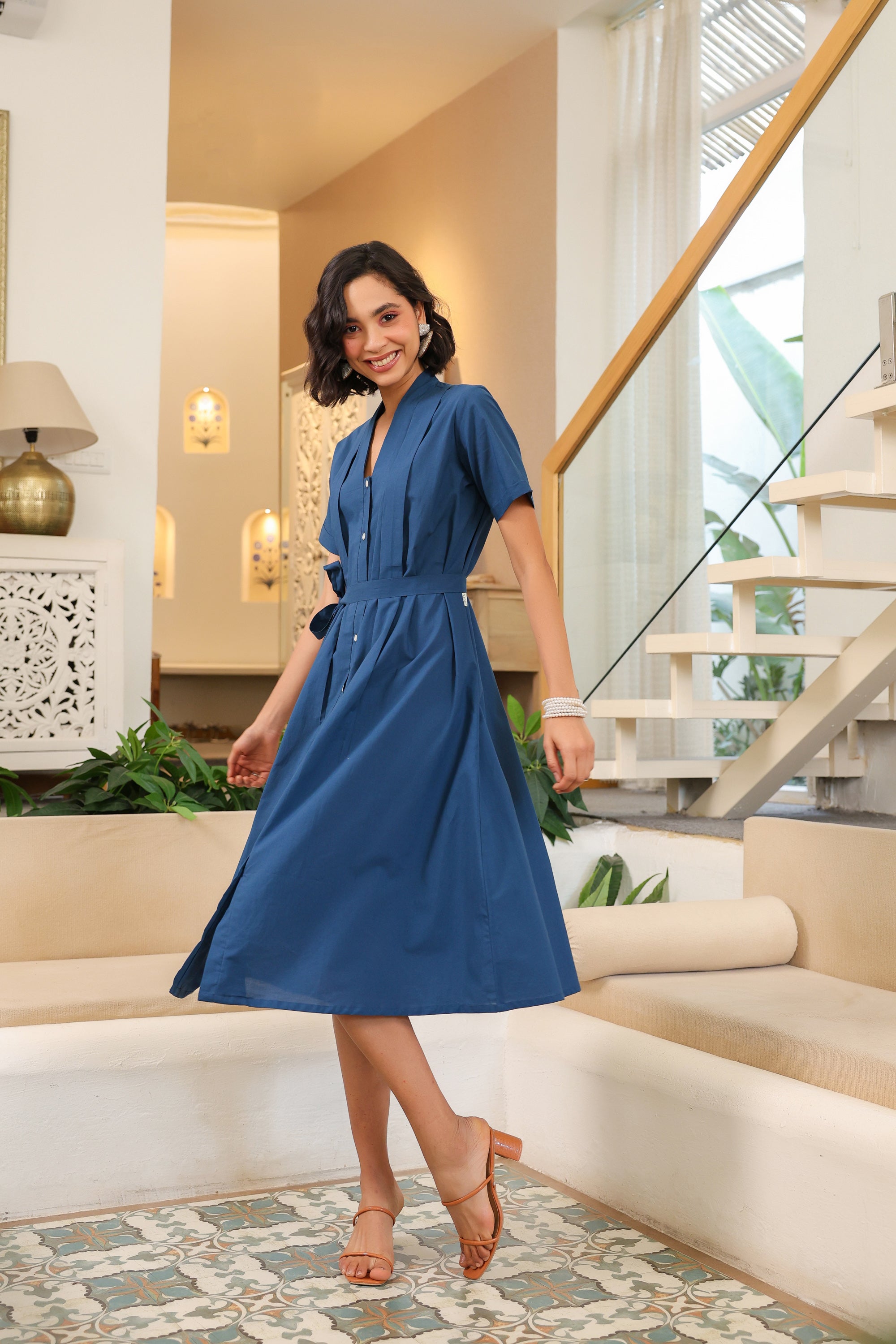 Midnight Breeze Belted Midi Cotton Dress