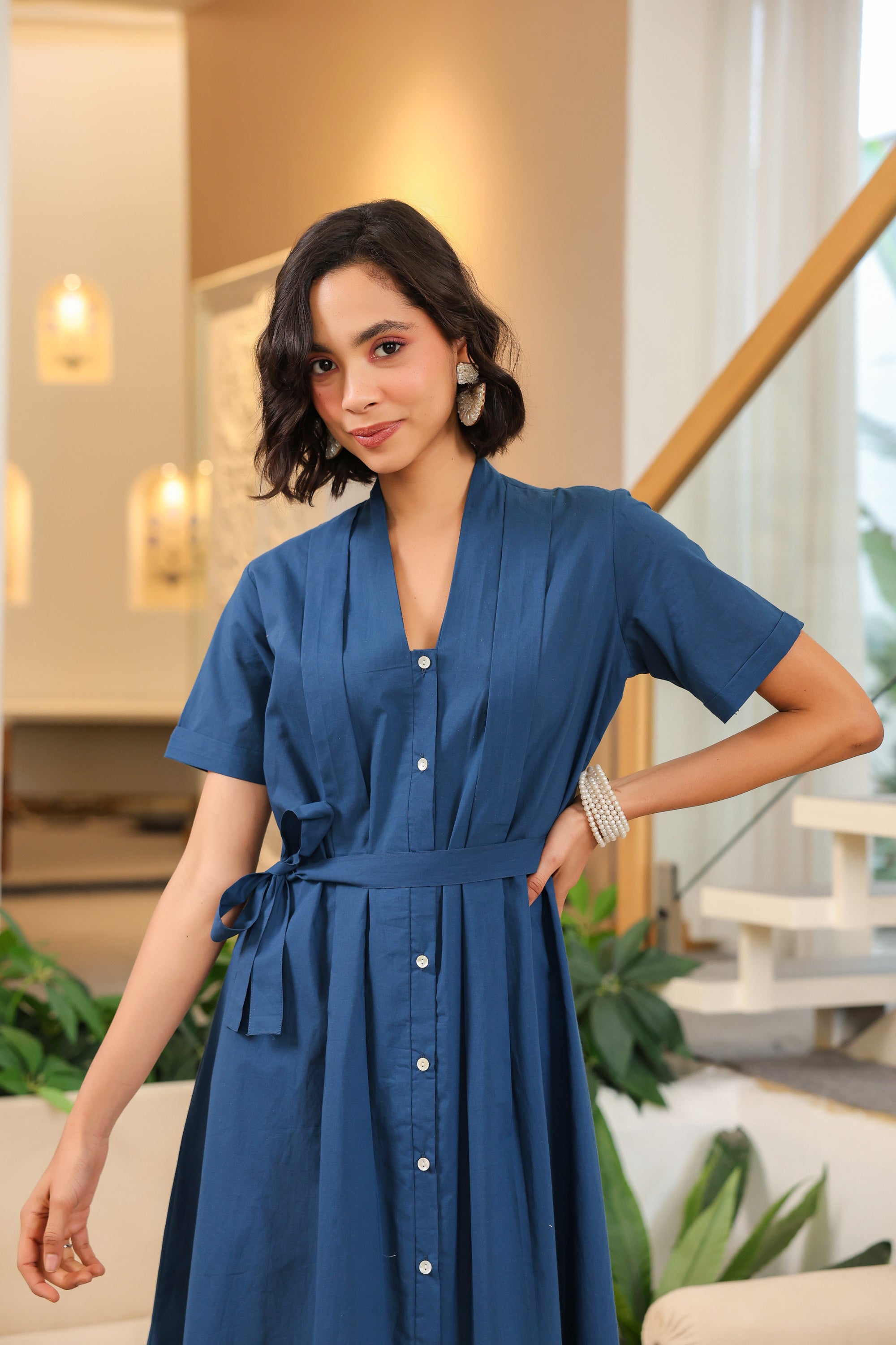 Midnight Breeze Belted Midi Cotton Dress