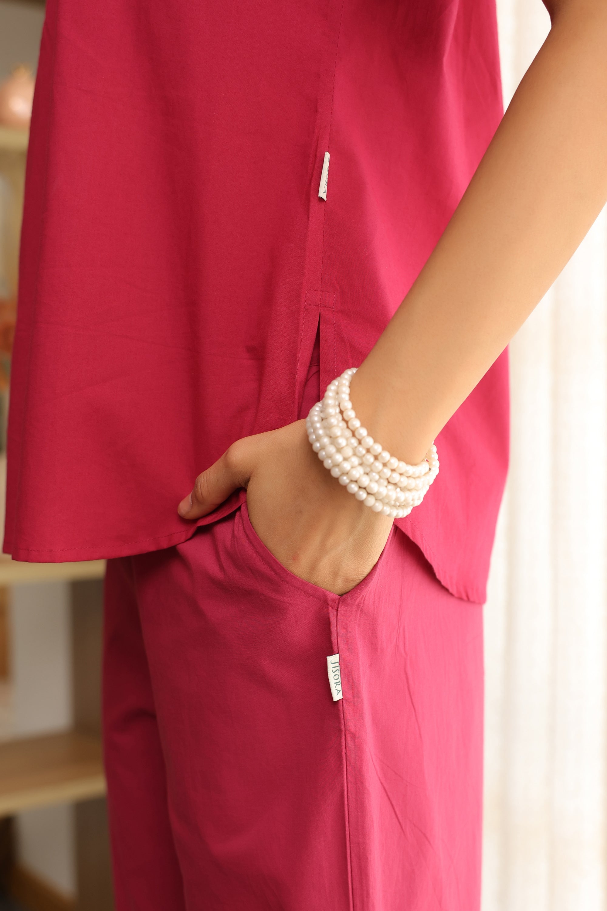 Pink Rosette Charm Embroidered Cotton Co-ord Set