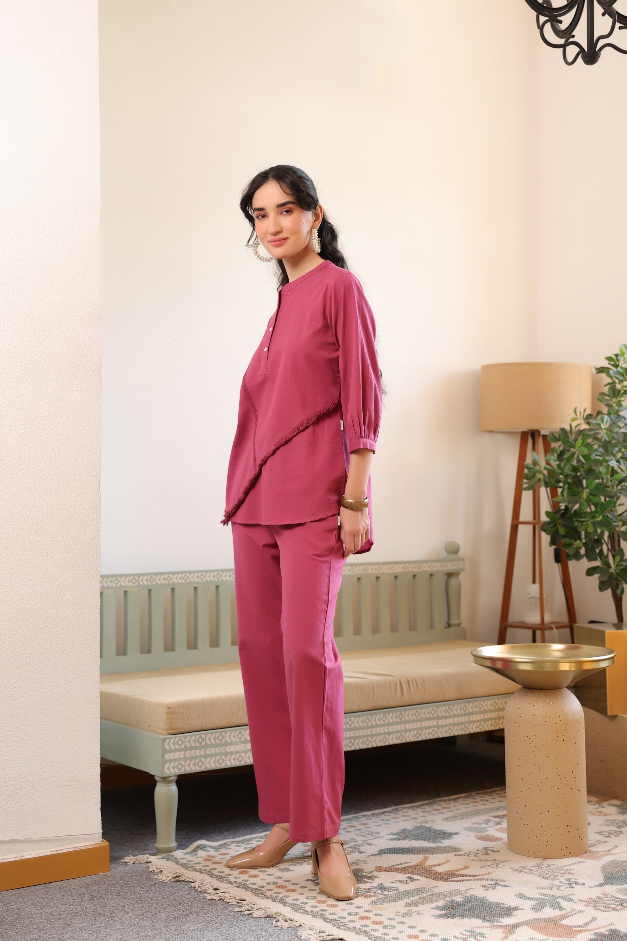 Dusky Berry Fringe Detail Cotton Flex Co-ord Set