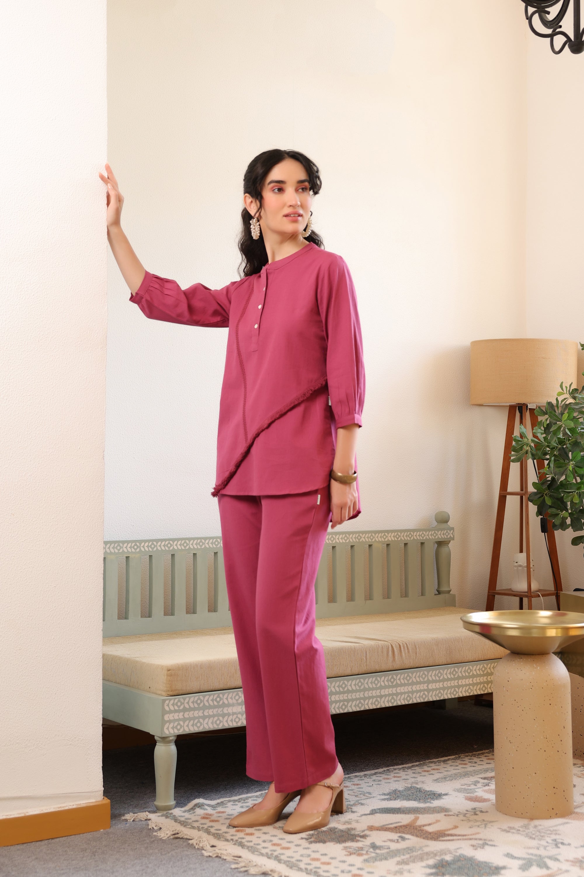 Dusky Berry Fringe Detail Cotton Flex Co-ord Set