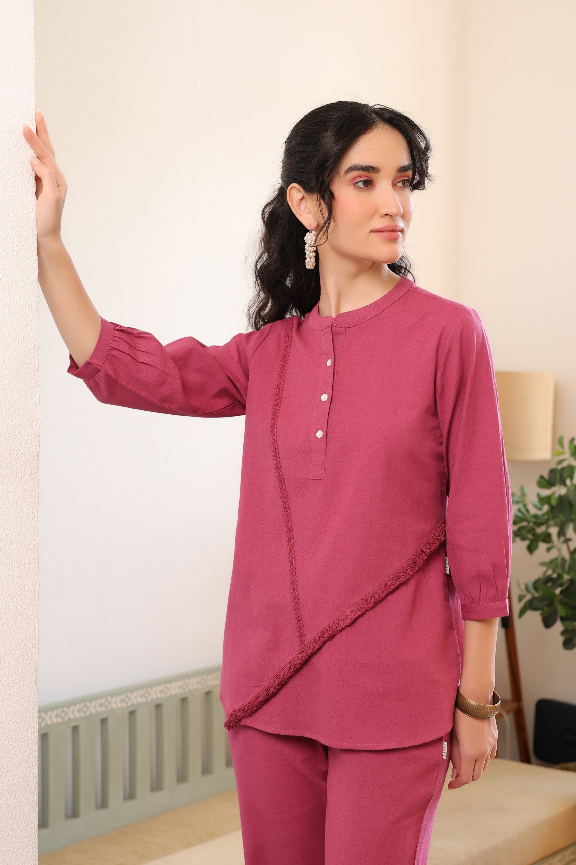 Dusky Berry Fringe Detail Cotton Flex Co-ord Set