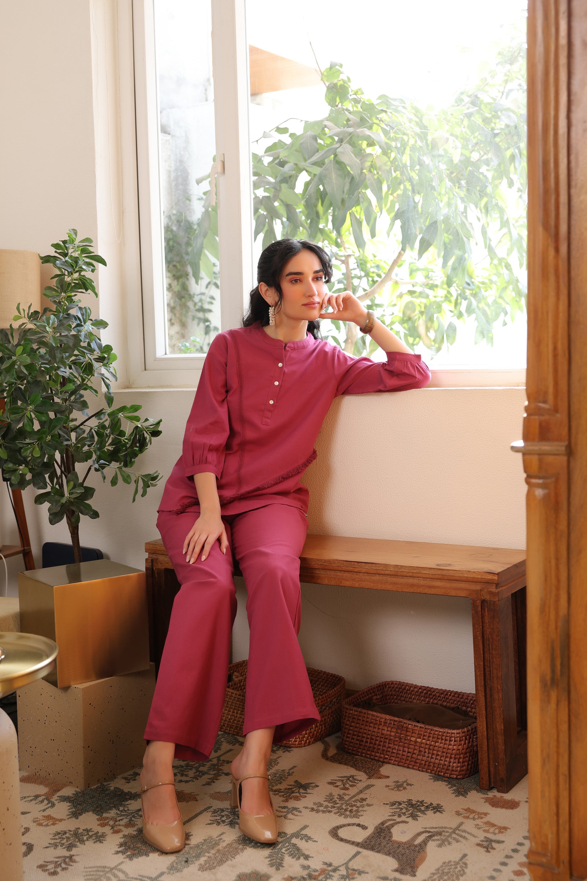 Dusky Berry Fringe Detail Cotton Flex Co-ord Set