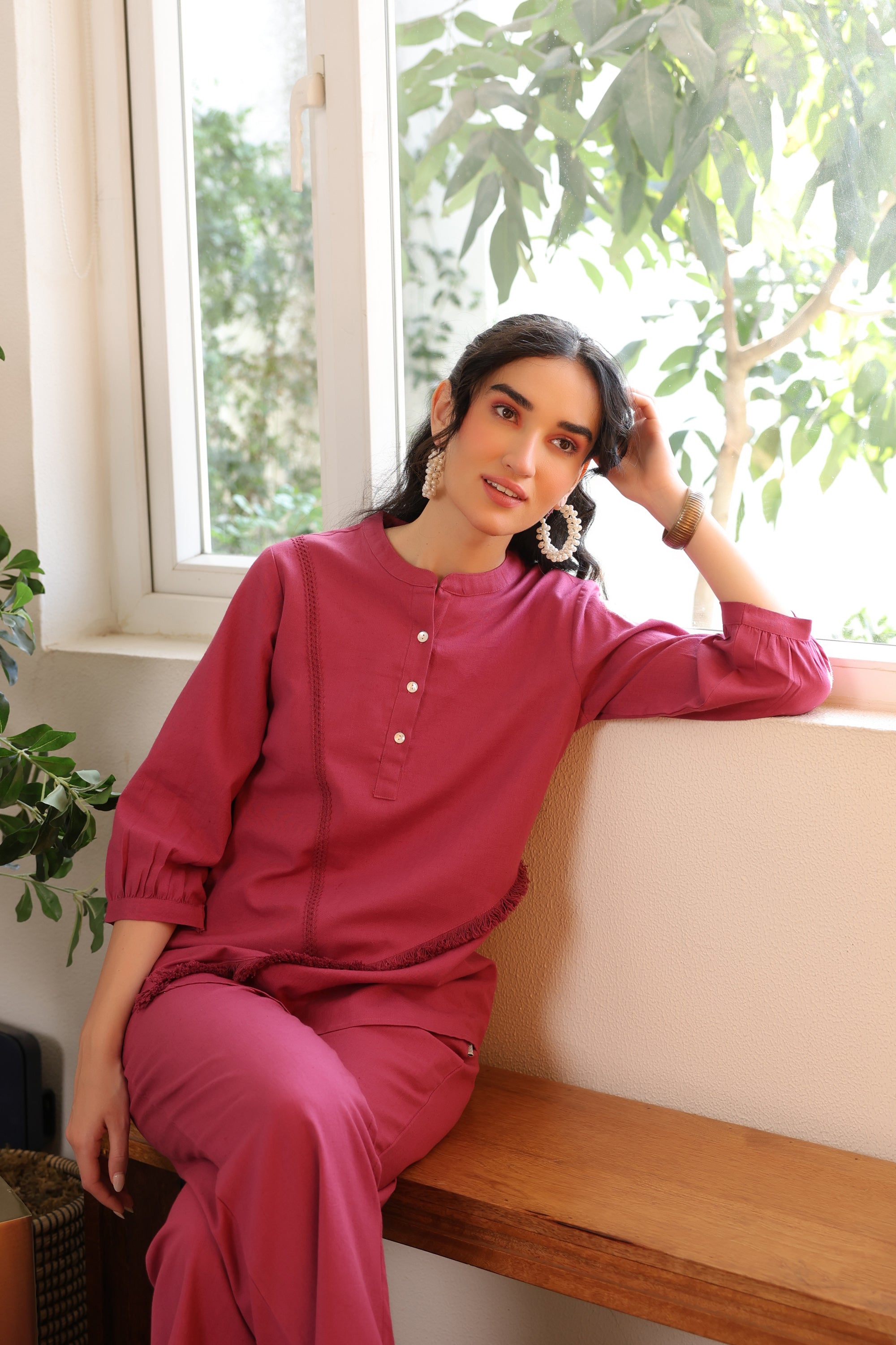 Dusky Berry Fringe Detail Cotton Flex Co-ord Set